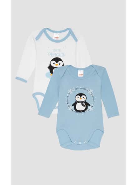 Παιδικό Φορμάκι Μακρύ Μανίκι 2τμχ Cute Penguin Σιέλ-Λευκό