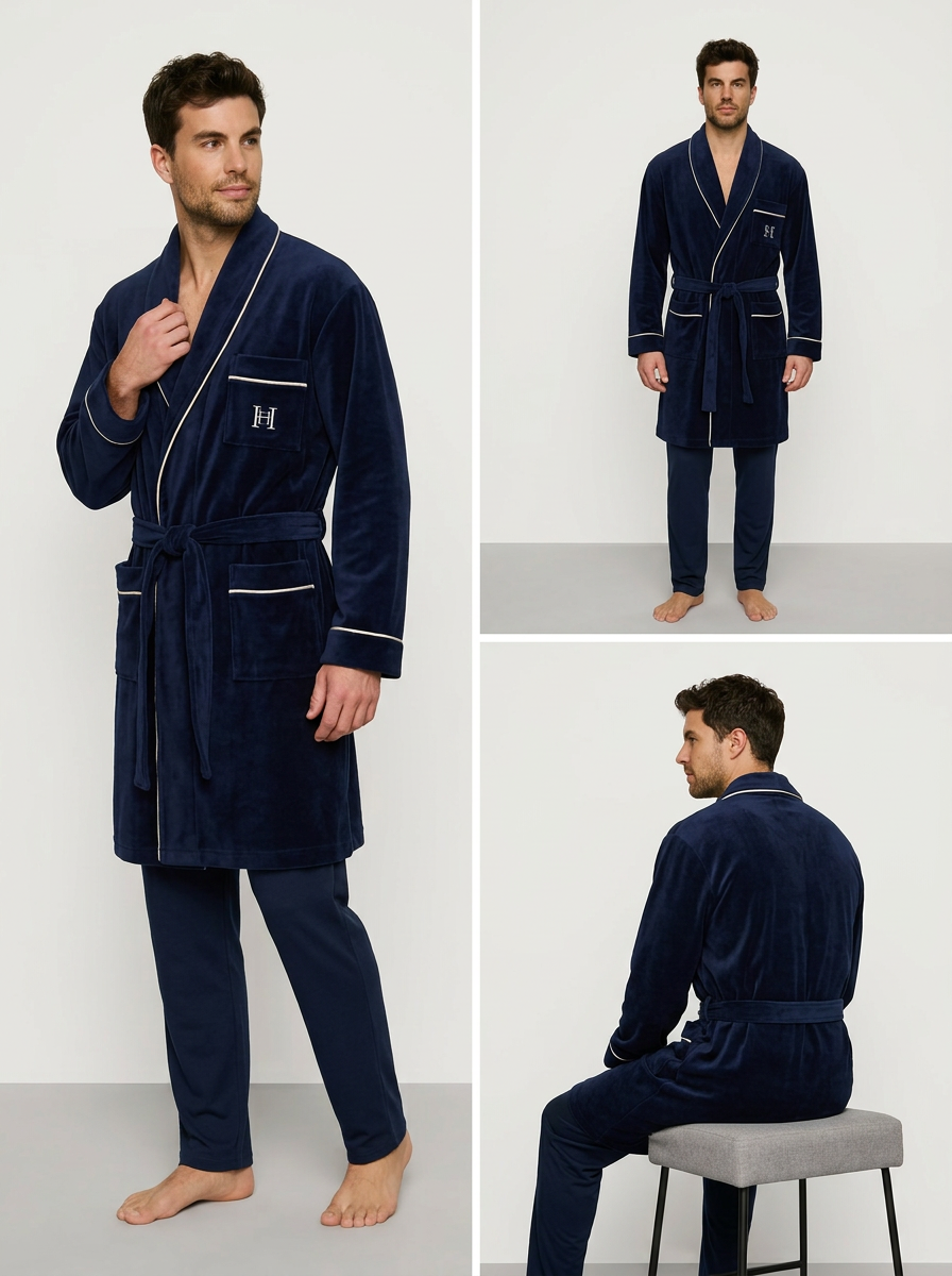 Ανδρική ρόμπα Harmony 38-811326 Blue navy με ζώνη και τσέπες