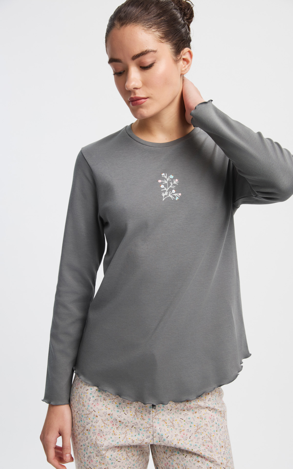 Γκρι μπλούζα Minerva 90-53433-329 με floral σχέδιο