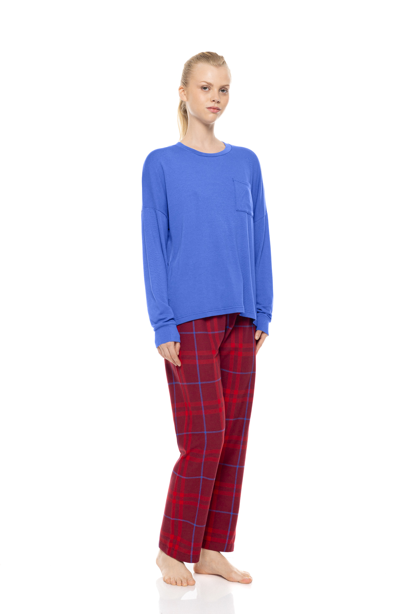Pink Label Cherry Plaid W2003 μπλε μπλούζα με καρό παντελόνι