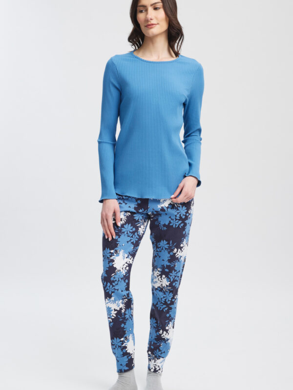 Minerva Floral Rib 90-53444-071 γυναικεία πιτζάμα γαλάζια μπλούζα και floral παντελόνι