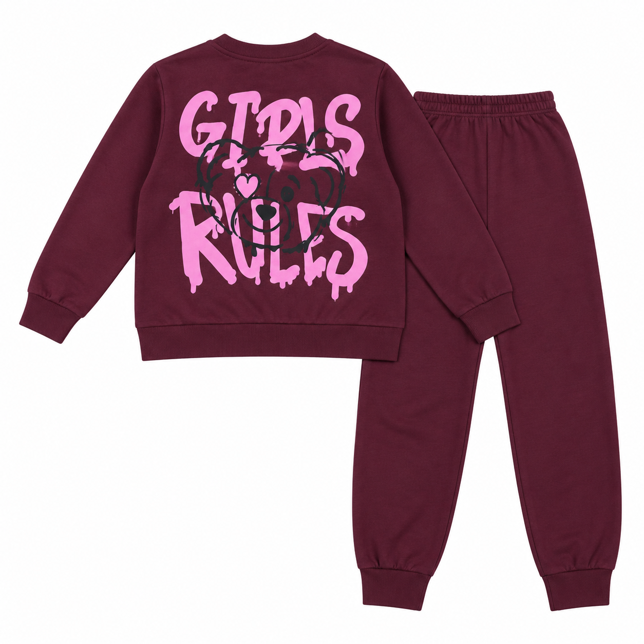Minerva Pockets Kiss μπορντό, πίσω όψη μπλούζας με τύπωμα GIRLS RULES και αρκουδάκ
