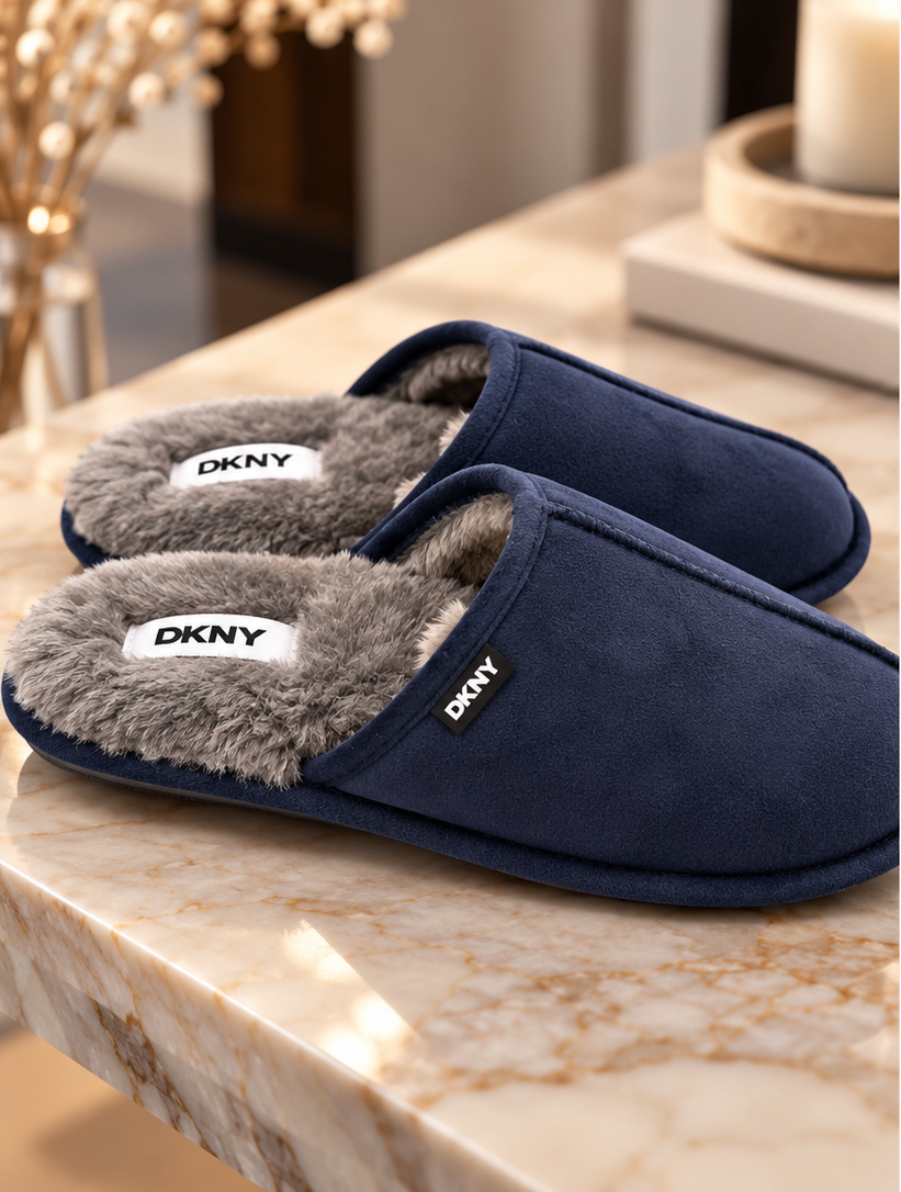 Ανδρικές παντόφλες DKNY μπλε με γκρι χνουδωτή επένδυση και ανοιχτή φτέρνα, λοξή όψη