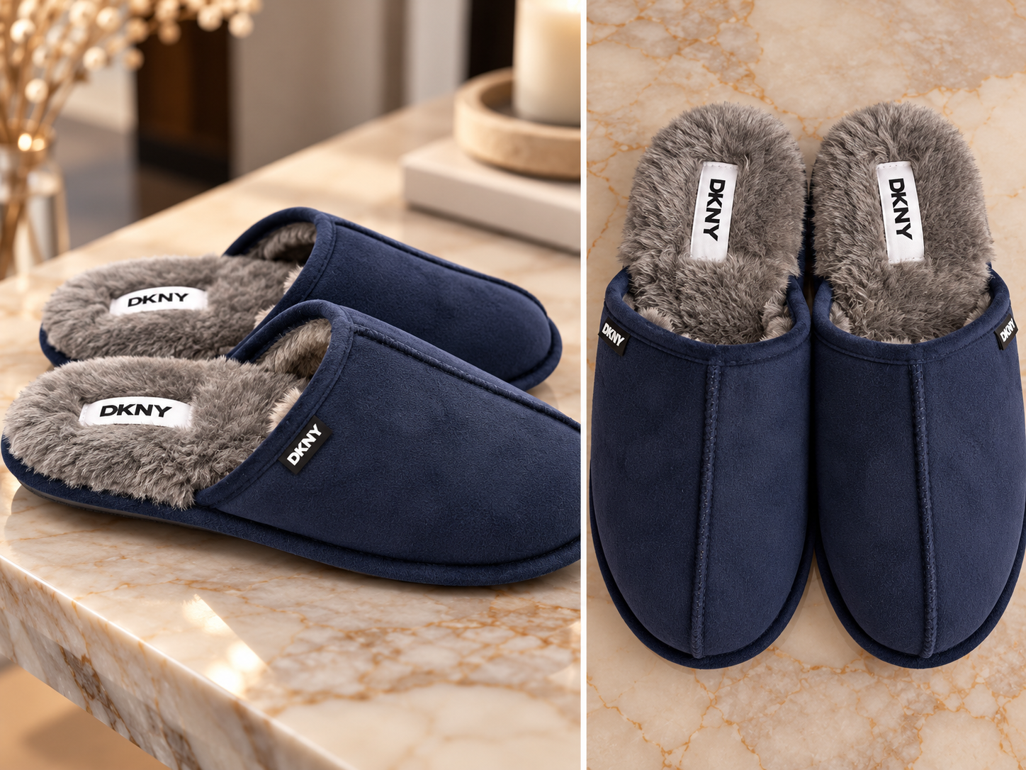 Μπλε ανδρικές παντόφλες DKNY, επάνω όψη με κεντρική ραφή και γκρι επένδυση