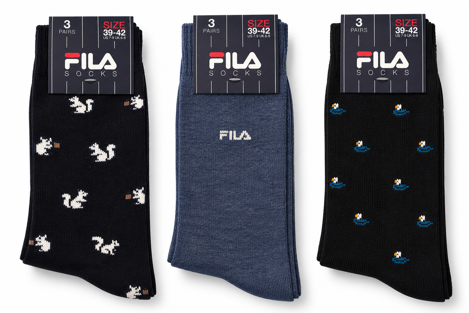 Ανδρικές κάλτσες FILA με σχέδια F5530CD-463, σετ 3 ζευγαριών με σκιουράκια, λογότυπο και θαλασσινά μοτίβα